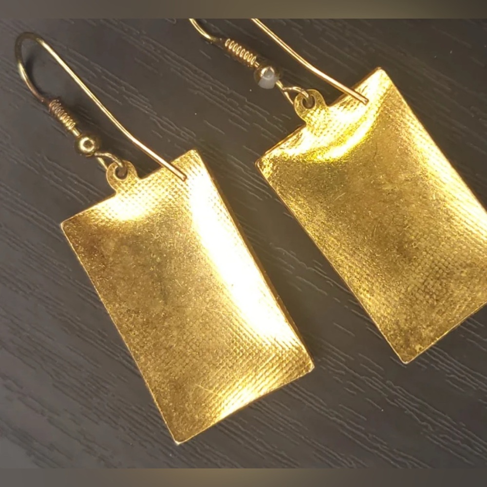 Vintage Enamel Cloisonn Rectangular Earrings Butt… - image 2